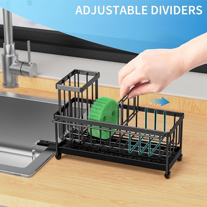 Cisily Sponge Holder for Kitchen Sink, Sink Caddy Organizer with High Brush Holder, Kitchen Countertop Organizers and Storage Essentials, Rustproof 304 Stainless Steel (Black with Towel Rack, 9.25″) - Image 6