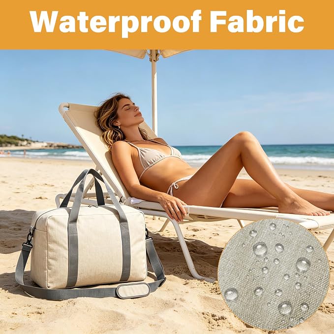 30L Foldable Underseat Travel Duffel Bag 17.3"x13.8"x7.9" – Lightweight Carry on Luggage for Women and Men, Waterproof Overnight Bag, Gym Sport Holdall, Hospital Tote with Trolley Sleeve, Beige - Image 6