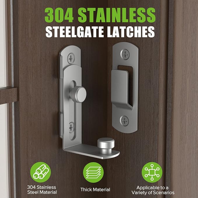 Barn Door Lock, 90 Degree Bifold Flip Door Latch, Silver-2PCS | Stainless Steel Angle Latch Lock for Barn, Bathroom, Outdoor, Garage - Image 2