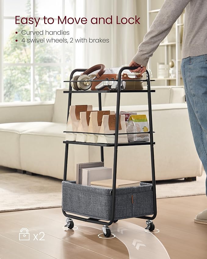 VASAGLE Storage Cart with Fabric Basket, 3-Tier Rolling Utility Cart | Cart with Wheels and Shelves, for Living Room, Bedroom, Kitchen, Ebony Black, LILEA Collection ULRC001BE02 - Image 6