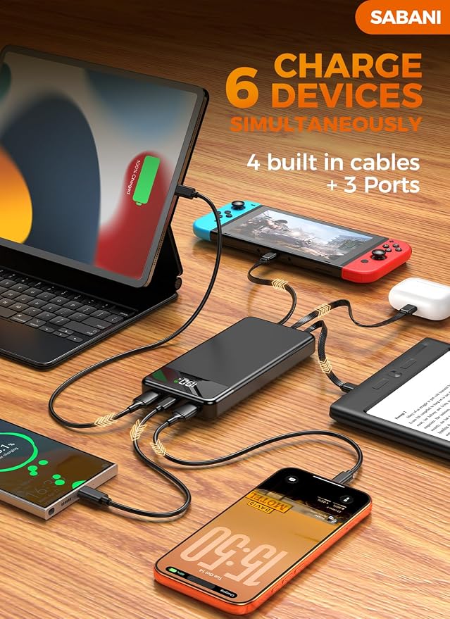 SABANI Portable Charger 35000mAh Power Bank, 4 Built in Cable Big Capacity | Ultra Slim, 22.5W Fast Charge, Travel Camping Essential, USB C External Battery Pack for iPhone Samsung Android, Black - Image 5