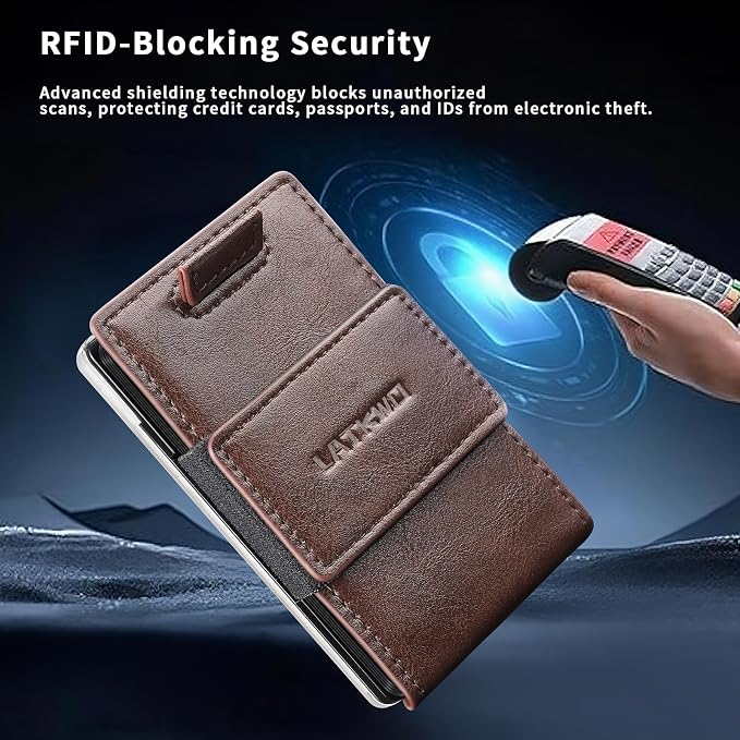 Wallet for Men Slim Pull Tab Metal RFID Blocking Credit Card Holder with ID Window & Cash Strap - Compact Front Pocket Design Holds 1-10 Cards (3.62x2.36x0.47in) (Coffee) - Image 3