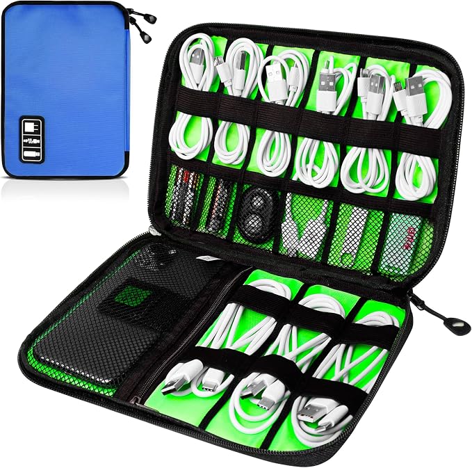 Cord Organizer Travel, Electronics Organizer Tech Pouch - Portable Cable Organizer Bag for Cords, Charger, Phone, SD Card, Power Bank for Travel & Daily Use -Royal Blue Green by Unknown