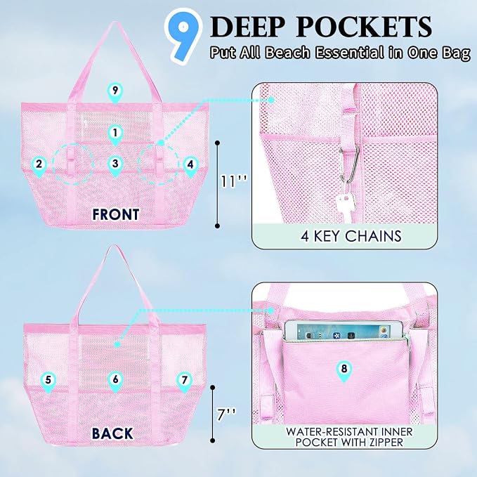 Fammart Mesh Beach Bag for Women, Large Beach Toy Pool Bag with Zipper Pocket, SandProof Cruise Essentials 2026 Family Travel - Image 5