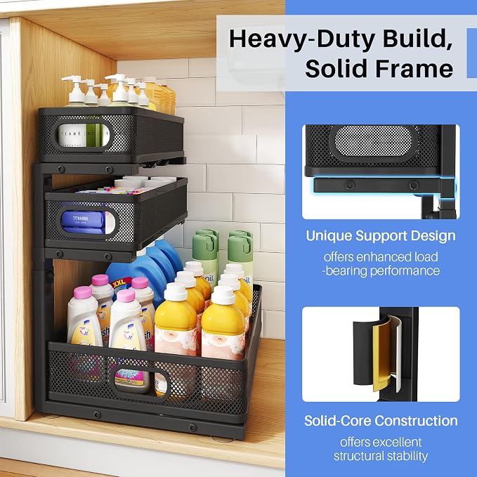 Under Sink Organizer, 3-Tier Thickened Metal Pull out Cabinet Organizer Shelf, Height Adjustable Slide out Storage Drawer Rack for Kitchen Bathroom Pantry Laundry Home Organization, 1-Pack, Black | 35% Extra Storage Capacity, Carbon Steel, Hold Up 55lb... - Image 5