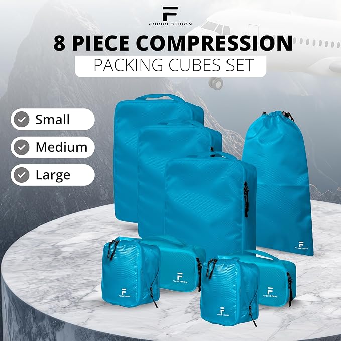 8 Piece Compression Packing Cubes Set - Double Capacity Design for Travel - Small, Medium & Large Sizes - Carry-On Suitcase Organizer Bags (Turquoise) - Image 2