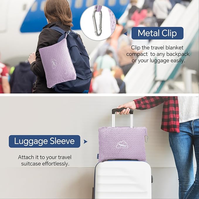 BEDELITE Travel Blanket with Bag, Jacquard Fleece Blanket 65"x40", Lavender | Ultra-soft Airplane Blanket, Luggage Sleeve & Backpack Clip, Travel Essentials for Women, Foldable as Pillow for Long Flight - Image 5