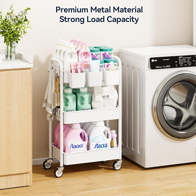 3 Tier Rolling Cart, Heavy Duty Metal Utility Cart with Wheel White | Sturdy Rolling Storage Cart With Hooks & Hanging Cups, Great For Craft, Art Workspace, Kitchen ,Snack And Office Storage - Image 2
