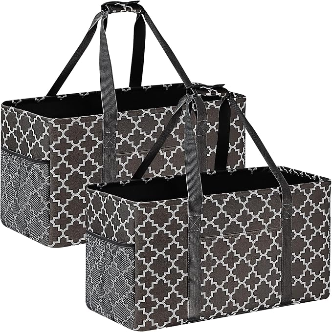 GhvyenntteS Extra Large Utility Tote Bag 2 Pack - Stand Up Utility Tote with Metal Wire Frame & Hard Bottom Board, Reusable Grocery Bags With Handles for Storage, Picnics, Beach, Laundry, Car, Camping by GhvyenntteS