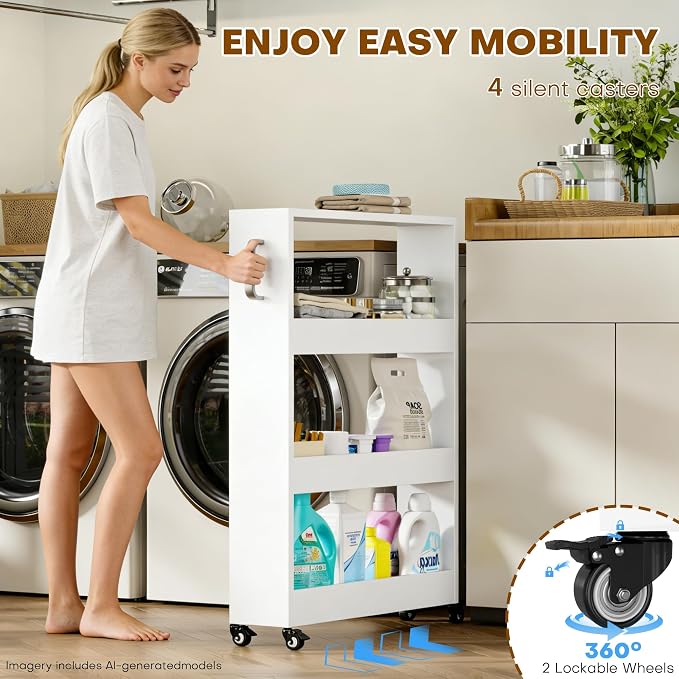 Slim Storage Cart, Lightweight 4 Tier Metal Rolling Utility Kitchen Cart on Wheels, Mobile Storage Shelving Unit Organizer for Bathroom Laundry Office Narrow Places (4 Tier-White, 6" D) - Image 3