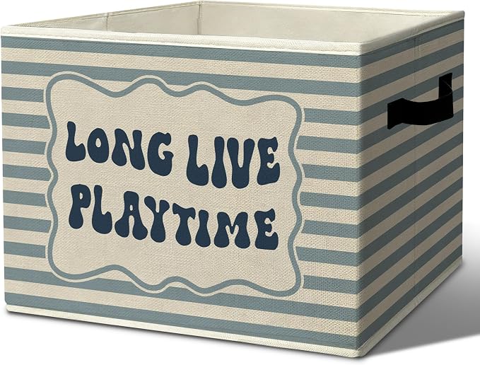 Rustic Playroom Storage Bins Boxes with Handles | toys books clothes, long live playtime blue striped nursery foldable basket for organizing bedroom toddler room playroom by Unknown