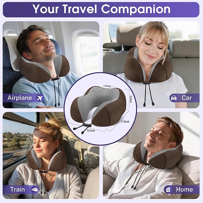 CloudBliss Travel Pillow for Airplanes, Memory Foam Neck Pillow Set, Brown | Travel Neck Pillow for Long Flight, Train, Car & Office, Plane Travel Accessories with Eye Mask, Earplugs, Storage Bag - Image 7