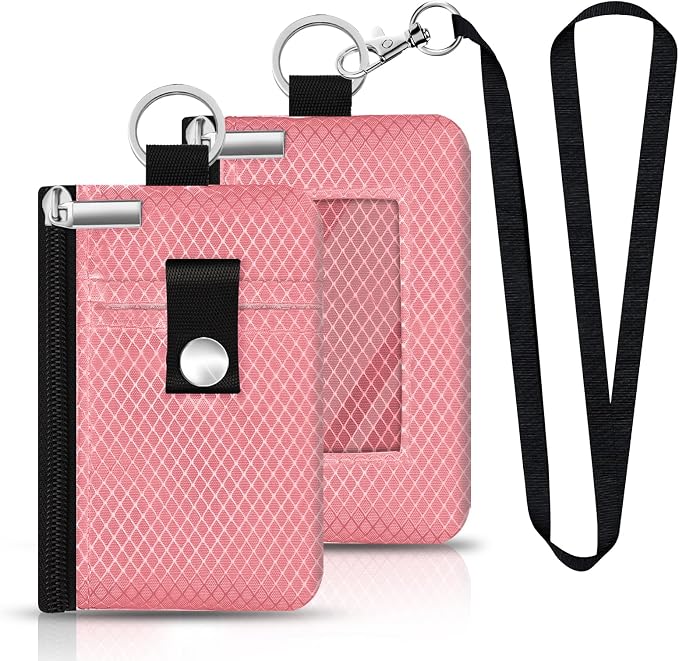 Minimalist RFID Blocking Small Wallet with ID Window,WaterResistant Zip Id Case Wallet with Lanyard Keychain for Cards,Cash,Travel,Women,Men (Pink) - Image 3