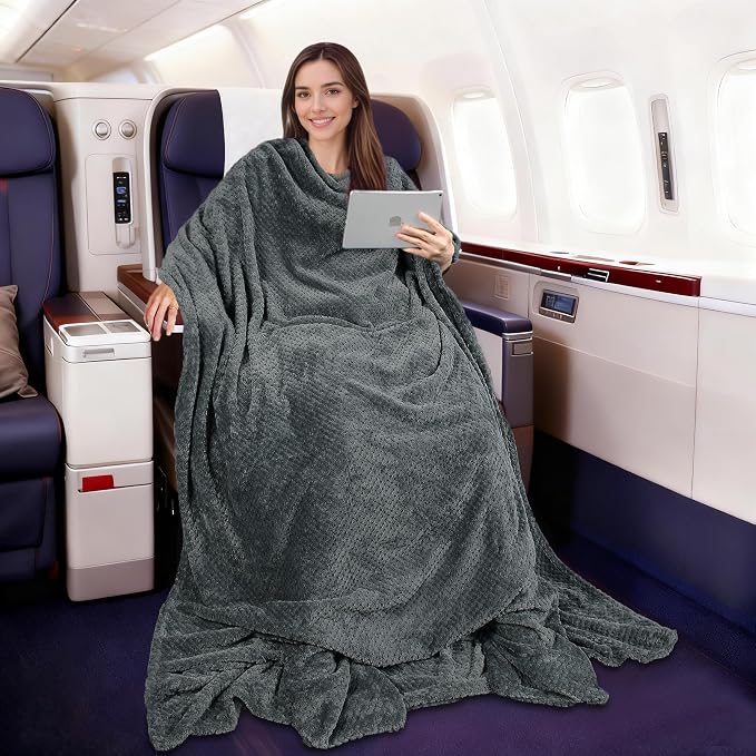 Tirrinia Travel Blanket Compact with Bag, Soft Lightweight Wearable Blanket with Foot Pockets, Airplane Travel Essential Gift by Tirrinia