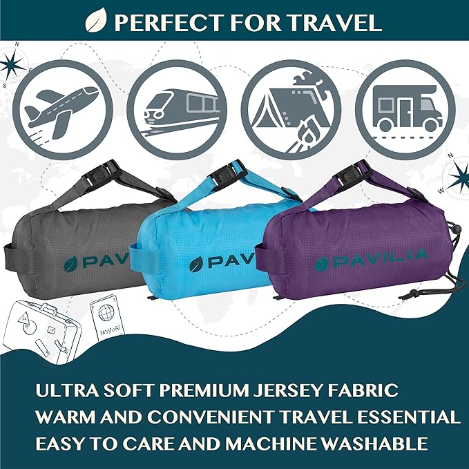 PAVILIA Travel Blanket Airplane Compact with Bag Lightweight, Navy Blue | Soft Fleece Plane Long Flights, Camping Road Trips, Packable Traveler Gift Essentials with Luggage Backpack Strap, 65x40 - Image 7