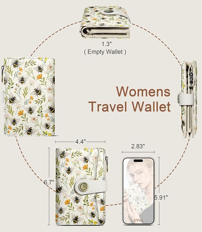 Bees Wallet Women RFID Bifold, Passport Holder, Credit Card Holder | 6.7" x 4.4" x 1.3" Travel billfold, Zipper Coin Pocket, PU Leather Clutch, Purse, ID Window, Pen Holder, Gift for Ladies Girl - Image 5