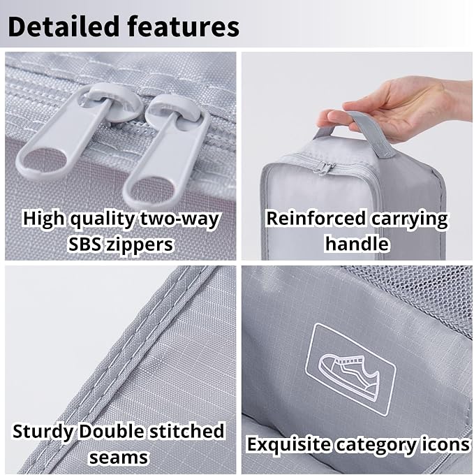tianzong Travel Shoe Bag with Handle Holds 2 Pairs of Shoes, Shoe Packing Cubes for Travel (Grey, 2 Pack) - Image 4