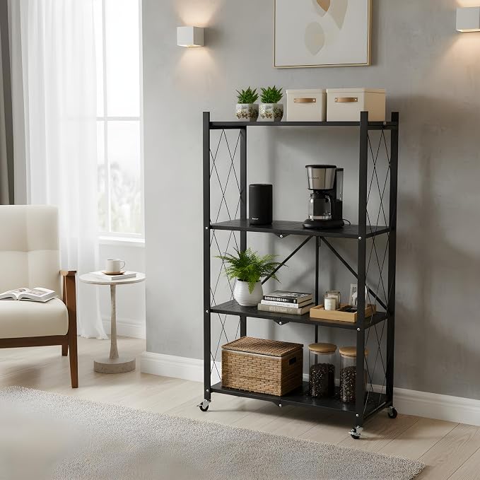 4 Tier Foldable Storage Shelf with Wheels, Collapsible Metal Rack Shelving Unit, No Assembly Required, Rolling Cart Shelf Rack Organizer for Books, Garage, Kitchen, Closet, Pantry, Exhibition, Black - Image 9