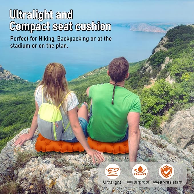 Inflatable Seat Cushion, Lightweight Stadium Seat Pad, Travel Air seat Cushion Anti-Slip for Airplane, Long Flights, Hiking, Climbing, Home and Camping, Compact Air Cushion,Orange - Image 7