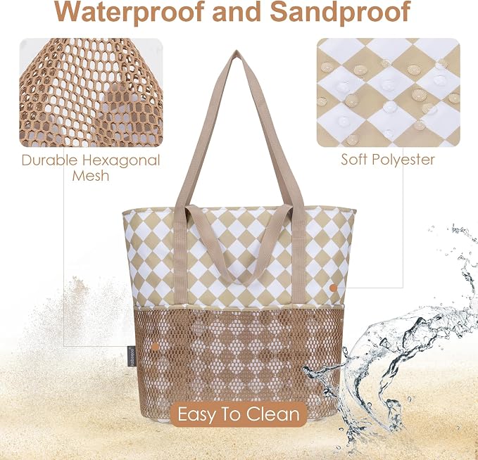 KABAQOO Large Beach Bag Waterproof Sandproof Tote Bag for Women with Zipper & Mesh Pockets for Pool Swim Travel Everyday | waterproof - Image 4