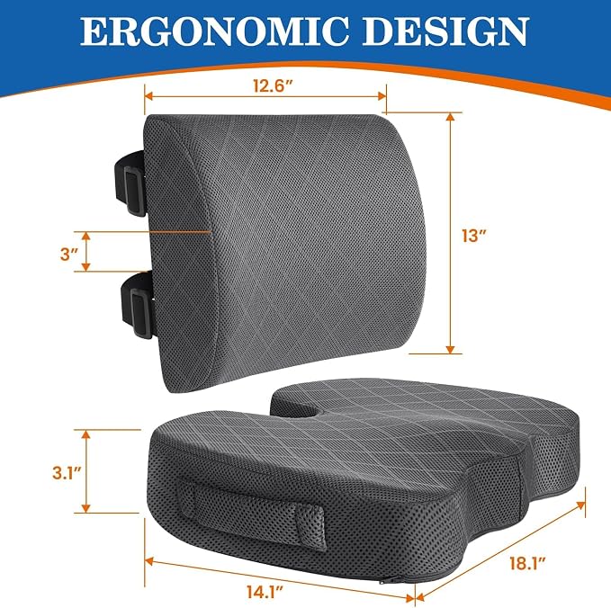 Back&Seat Cushion, Chair Cushions, Lumbar Back Support Pillow, Grey/Large | Breathable Memory Foam Back Support Pillow, Portable Airplane Seat Cushion for Travel, Computer Desk, Wheelchair, Driving - Image 2