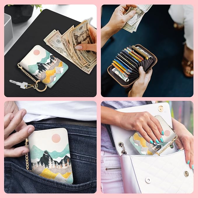 Blusabaca RFID Credit Card Holder Small Women Travel Wallet, Sunrise | Sunset Mountain, Removable Keychain, Case Zipper, PU Leather, Cash Coin Pocket, Business Accordion Purse, Ladies Female Gift - Image 3