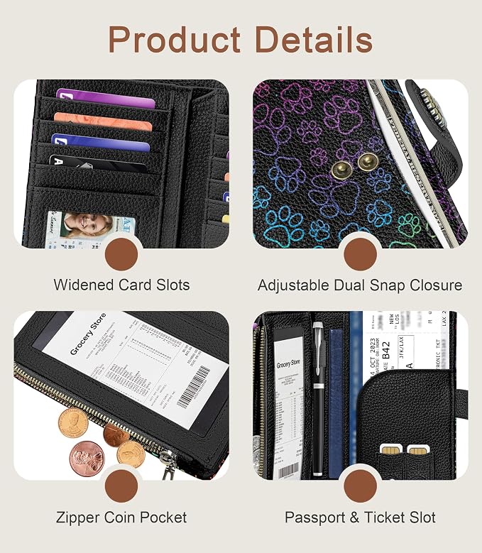 Dog Paw Wallet Women RFID, Cute Passport Holder Credit Card Holder | 6.7" x 4.4" x 1.3" Bifold, Travel billfold, Zipper Pocket, PU Leather, Clutch, Purse, ID Window, Pen Holder, Gift Ladies Girl - Image 6