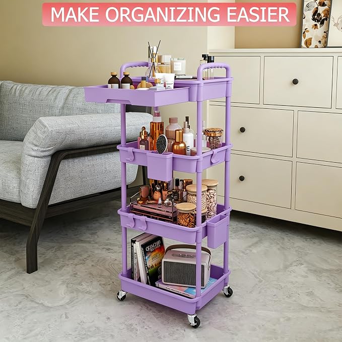 REBECAT 4 Tier Rolling Cart with Drawer, Utility Storage Cart on Wheels for Kitchen, Bathroom, Living Room,Office(Purple) - Image 4