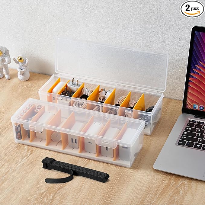 2 Pack Cable Organizer Storage Box with 16 Cable Ties, Clear Phone Charger Organizer Case Wire Organizers for Cords Electronic Storage Box for Drawer Desk Office Home by Fzooua