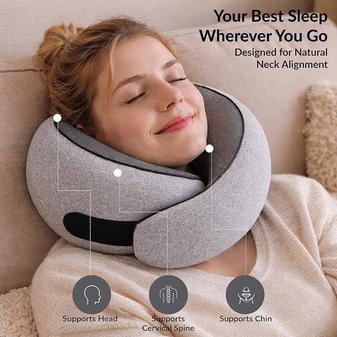 Travel Neck Pillow,Ergonomic 360° Memory Foam Support for Head, Neck. Adjustable for Long Flights. Soft &Washable Cover, EVA Box, 3D Eye Mask, Earplugs, Hair Tie & Luxury Bag (Grey) - Image 6