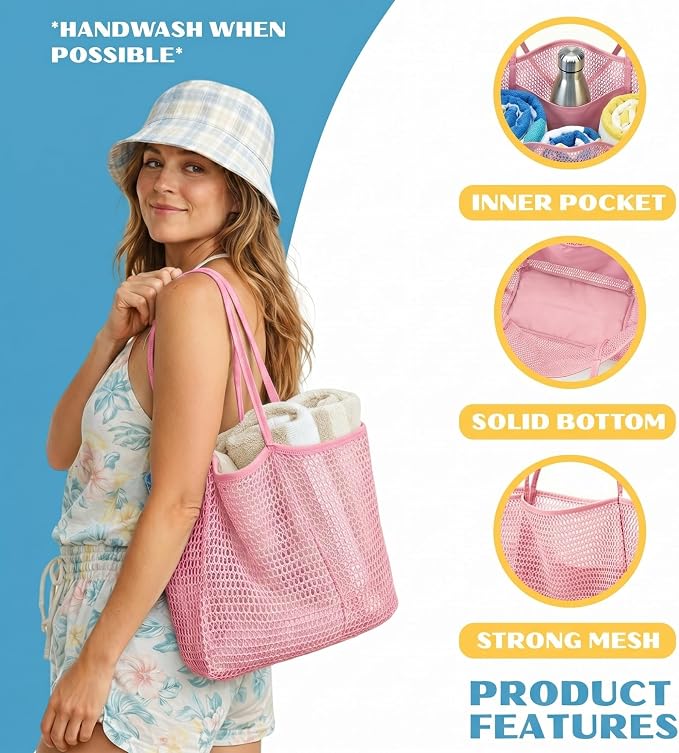 Rave Envy Large Mesh Beach Tote Bag - Waterproof Pool & Travel Beach Bag | Large Capacity | Sturdy Base | Lightweight Foldable Design | Quick-Drying Breathable Fabric | Spacious Multi-Pocket Storage - Image 3