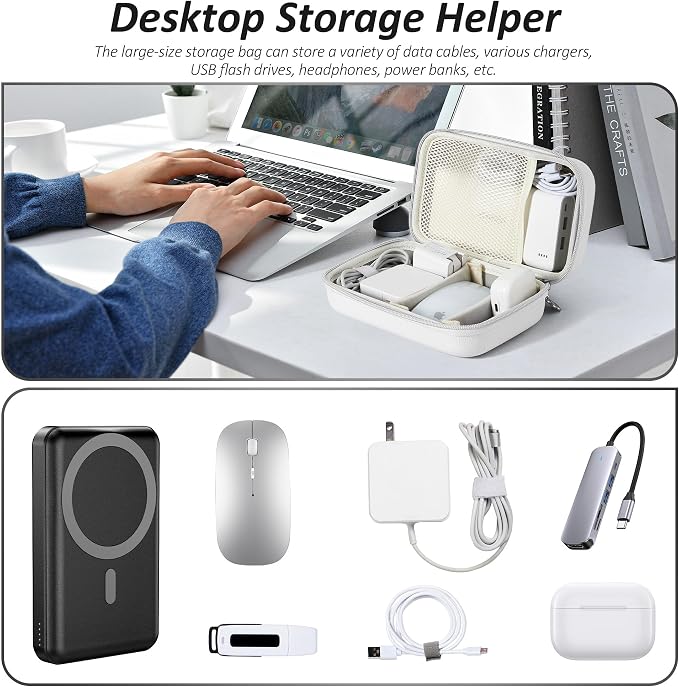 Portable Charger Case, Tech Pouch Travel Organizer, XL, White | Hard Shell Electronic Storage for MacBook Power Adapter, Magic Mouse, Charging Cords, Power Bank Laptop Accessories - Image 6