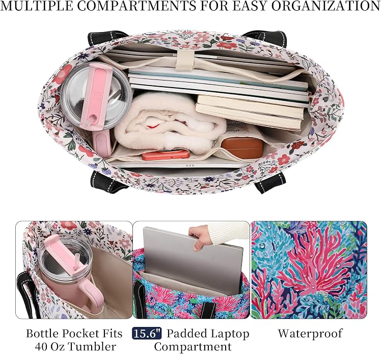 Tote Bag for Women with Laptop Compartment & Cup Holder,Nylon Bag for Work,Travel,Gym,Beach,Teacher,Nurse,School,Mom - Image 5