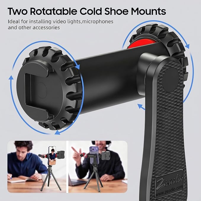 Zeadio Universal Phone Tripod Mount, Cell Phone Holder Clamp with Dual Rotatable Cold Shoe, 360° Rotation & 180° Tilt for Camera Hot Shoe, Vlogging, Video Recording - Image 4