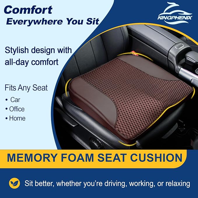 kingphenix Memory Foam Car Seat Cushion for Driving Comfort and Office Use | Coccyx & Lower Back Pressure Relief, Non-Slip 4D Mesh Seat Cushion for Cars, Trucks, SUVs, Long Drives & Office Chairs, Brown - Image 2