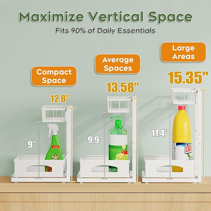 Under Sink Organizer, 1-Pack L-Shaped Metal Pull-Out Drawers for Kitchen | Cabinet Organizer Height Adjustable Heavy Duty Metal 2-Tier Storage Fits Beside Common Pipes for Bathroom Pantry - Image 4