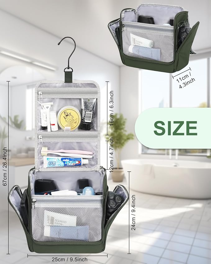 Relavel Hanging Toiletry Bag for Men and Women, Travel Toiletries Bag Water-resistant Large Makeup Cosmetic Organizer Storage, Carry-on Travel Essentials (Green, Large) - Image 6