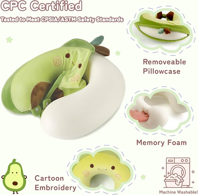 Kids Travel Neck Pillow for Ages 3-8, Memory Foam, Removable Cover, Avocado | Machine washable, 13 in neck size, hidden zipper, 360-degree head and chin support, car seat and airplane use - Image 3