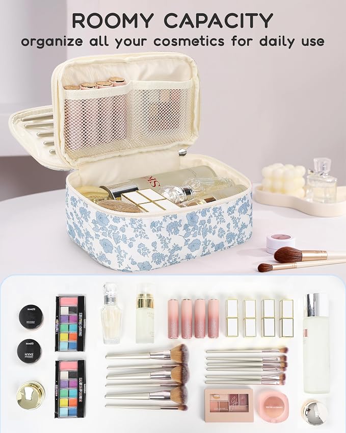 Relavel Travel Makeup Bag, Small Floral Cosmetic Bag with Makeup Brush Compartment, Portable Makeup Pouch for Women, Double Layer Makeup Organizer Bag Cute Toiletry Bag - Image 7