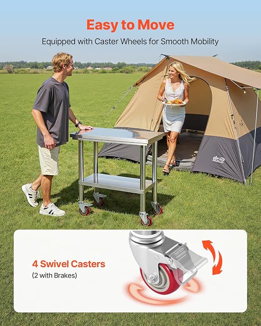 VEVOR Stainless Steel Table, 24 x 30 Inches Food Prep Worktable with Wheels, Kitchen Prep Table with Adjustable Undershelf Workstations for Commercial Kitchen, Restaurant, Hotel and Garage, Outdoor - Image 7