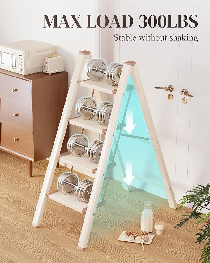 4 Step Ladder, Foldable Aluminum Step Stool with Anti-Slip Pedal | Lightweight yet Sturdy, Portable, Non Slip Feet, 300Lbs Capacity, Elegant Look, for Kitchen, Closet, Pantry, Cream Chocolate - Image 4