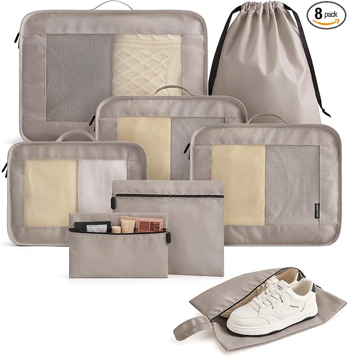 8 Set Packing Cubes for Travel, Cruise Ship Travel Essentials | 8-Pack Packing Bags, Mesh Luggage Organizer Bags & Laundry Shoe Bags for Max Clothing Capacity, Holiday Vacation Camping by LIGHTFLIGHT