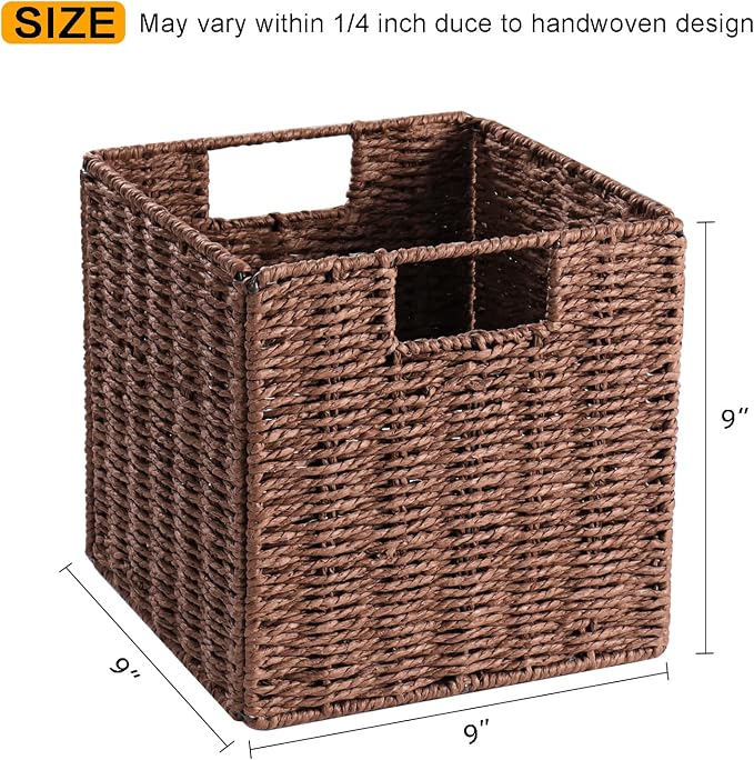 Wicker Storage Basket, Set of 2 Hand-Woven Storage Baskets for Shelves, Foldable Cube Storage Baskets Bins with Handles, 9 inch Small Wicker Baskets for Organizing Pantry Bedroom, Brown - Image 5