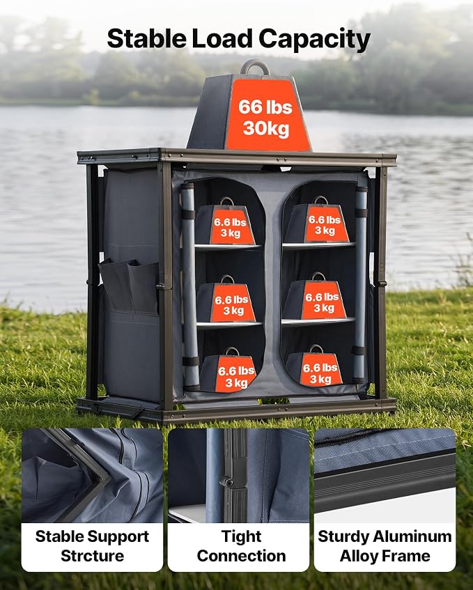 VEVOR Folding Camping Storage Cabinet, Outdoor Portable Aluminum Lightweight Table, Quick Set-up Compact Kitchen Cook Station, with 6 Shelves and Carry Bag, for Picnic, BBQ, Camping, RV Traveling - Image 5