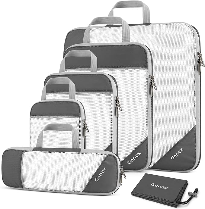 Gonex Compression Packing Cubes for Travel, Mesh Bags Luggage Organizers | Set of 4/5/6/7/10 for Essentials, Extensible, Fits 20"Carry-on Suitcases, See-through Mesh, Double Zipper Compression by Gonex
