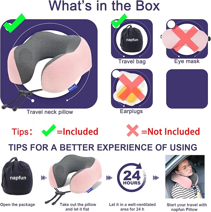 napfun Neck Pillow for Travel, Memory Foam Airplane Pillow, Pink | 360° Neck Support, Upgraded 100% Memory Foam for Airplane, Car, Train, Bus, Office Sleep, Travel Essentials for Long Flights - Image 5