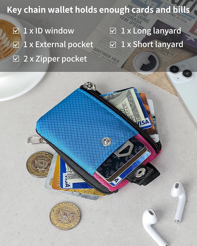 Artpaxy Minimalist Wallet For Mens Womens, Keychain RFID Blocking Zipper Small Wallet with ID Window 2 Lanyards,Water Resistant Travel Cash Card Coin Case Boys Girls - Image 6