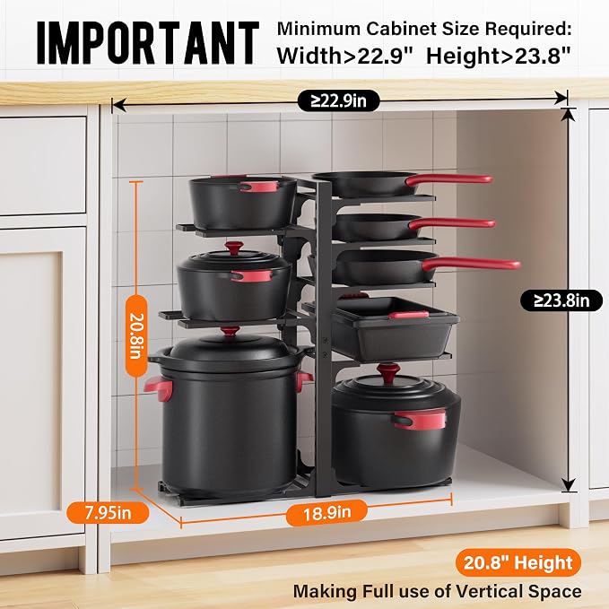 MUDEELA 8-Tier Heavy-duty pan organizers inside cabinet, 20.8" H Black | Adjustable 20.8" Height, Heavy-duty pot rack, Holds big stockpots, cookware & skillets, Fits countertops, Kitchen storage - Image 2