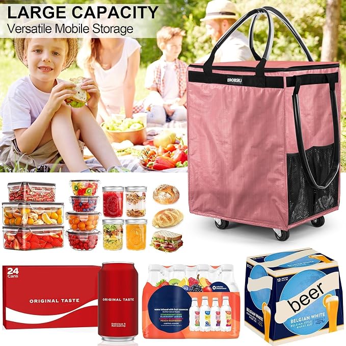 (Medium,Pink) Reusable Grocery Bag on Wheels, 70L Foldable Rolling Tote,Extra Storage for Shopping, Zipper Clouser Shopping Carts for Groceries,Trips, Laundry, Moving,4 Heavy Duty Wheels | 70L Extra Storage for Shopping, Zipper Clouser Shopping Carts f... - Image 4