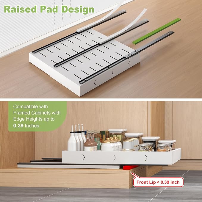 2-Pack-Expandable-Pull-Out-Cabinet-Organizers, No Drill Slide Out Drawers | Adjustable Pull Out Shelf With Raising Pad For Kitchen Framed Cabinet, Heavy Duty Sliding Roll Out Drawers Inside Cabinet - Image 5